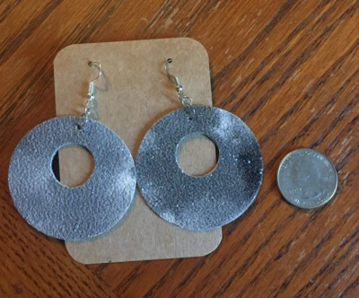 Grey Marble Faux Leather And Vinyl Circle/Round Women’s Dangle Earrings Hand cut - Image 1 of 3