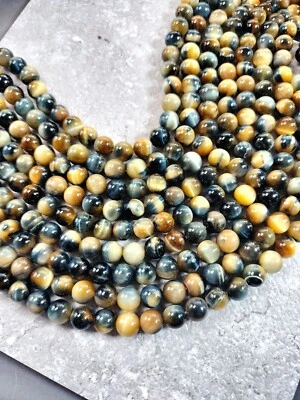Azul Gris Miel Oro Ojo de Tigre 6mm Cuentas Redondas 15" Hilo Dorado Azul Ojo de Tigre Foto 1 de 4
