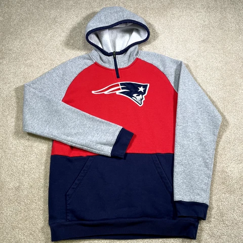 New England Patriots Sweatshirt Boys Large Blue Hooded NFL Football Sweater Kids Cover