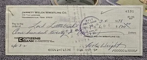 Lord Littlebrook 1978 Jarrett Welch assegno di wrestling firmato da Bearcat Bob Wright - Foto 1 di 3