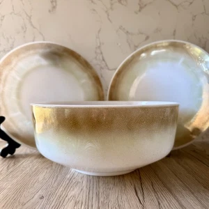 Vintage Federal Glass Ombre Iridescent Mixing/Serving Bowl & 2 Dinner Plates - Picture 1 of 12