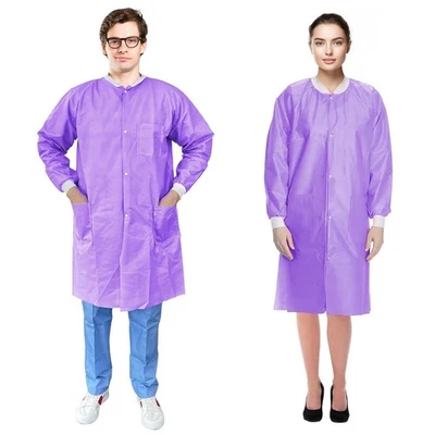 Disposable Lab Coat 43 in Long, Medium, 50 Pack Purple Medical Coats, 3 Pockets - Image 1 of 4