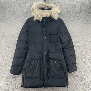 Hollister Jacket Women Small Ladies Black Puffer Hoodie Pockets Coat - Picture 1 of 11