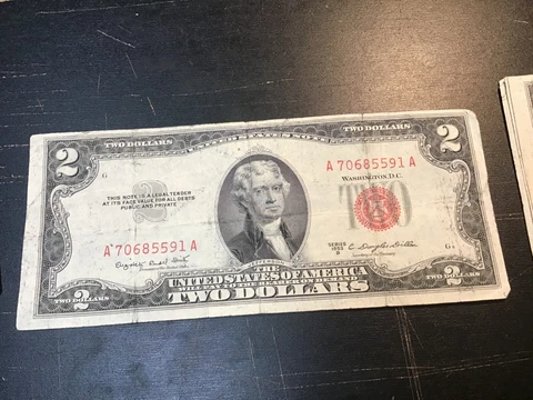 Two Dollar Red Seal Note , $2 Note,  1 Bill, US Currency (1953 or 1963) Cover