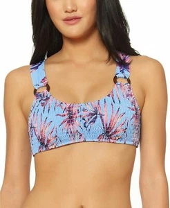 Jessica Simpson Womens L Bikini Top Blue Floral O-Ring Smocked Swimwear  - Picture 1 of 10
