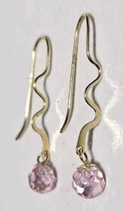 14K Gold Zig Zag Faceted Pink Sphere Dangle Earrings - Picture 1 of 15
