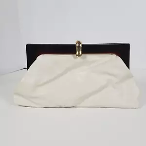 Vintage Womens Off White Leather Purse | Gold Tone Clasp | Acrylic Made In Italy - Picture 1 of 14