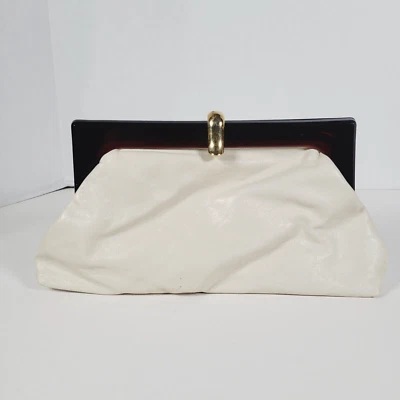 Vintage Womens Off White Leather Purse | Gold Tone Clasp | Acrylic Made In Italy - Image 1 of 4