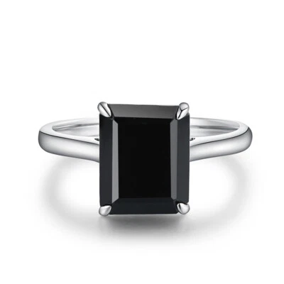 Engagement Gemstone Gift Black Spinel 3.6ct Emerald 10x8mm Sterling Silver Ring - Image 1 of 4