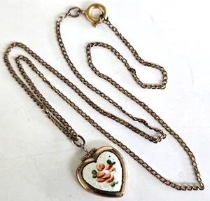 Vintage Rosen Emaille Guilloche Herz Medaillon goldfarben Halskette 16-3/8" Frühling - Bild 1 von 11