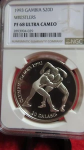1993 Gambia WRESTLING Olympic Games 1992 20 Dalasis 1oz .925 Silver NGC PF68 - Picture 1 of 13