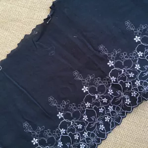 2.5 Yards 7.5'' Wide Black Cotton Fabric Lace with Embroidered Ivory Flower 1199 - Picture 1 of 2