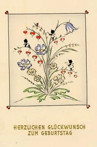 Tarjeta de felicitación cumpleaños ramo de flores ángel 1939 - Imagen 1 de 3