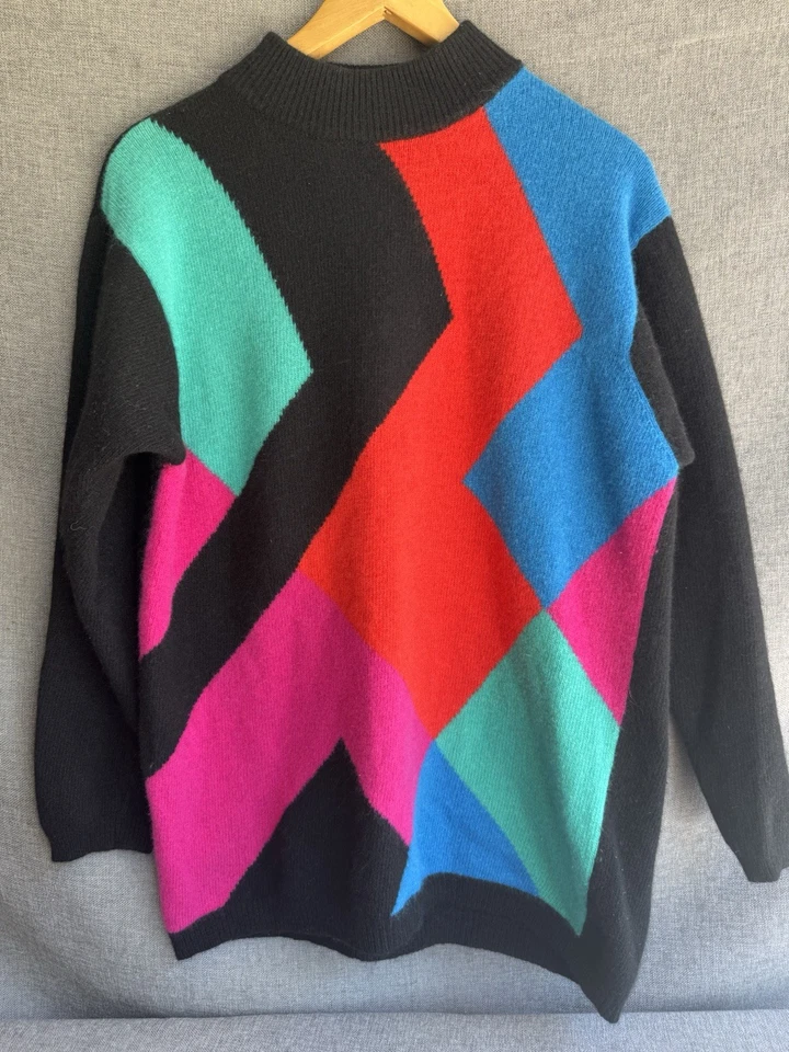 Suéter De Colección LIZ CLAIRBORNE Mediano Negro Lana de Cordero Angora Años 90 Retro Rojo Azul Foto 1 de 4