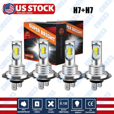 H7 + H7 LED Headlight Combo Bulbs Kit High + Low Beam 6000K Super White Bright — 第 1/4 张图片
