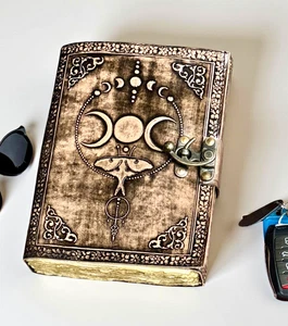 A5 Luna Moth Triple Moon Leather Journal | Grimoire | 220 Vintage Pages - Picture 1 of 3