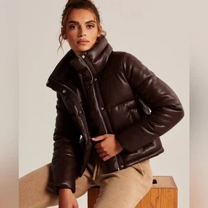 NWT Abercrombie & Fitch Chocolate Brown Faux Leather Mini Puffer Jacket Size XS - Picture 1 of 11