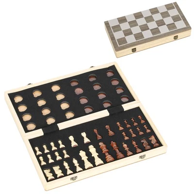 SPORTNOW 15 Inch Chess Set, Foldable Chess and Draughts Set, Brown - Image 1 of 4