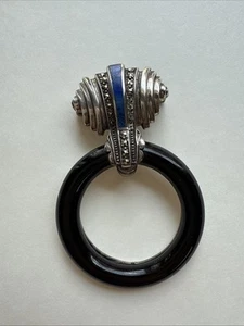 Art Deco Sterling, Black Onyx, Marcasite And Lapis Vintage Brooch - Picture 1 of 9