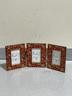 Bombay Co. Enamel 3 Picture Frame Set Hinged Red & Gold Floral 2 X 3 Photos 2004 - Image 1 of 4