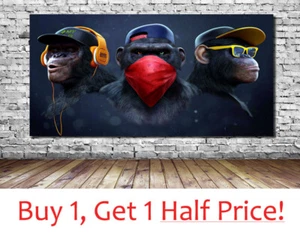 3 WISE SWAG MONKEYS : CANVAS WALL ART PRINTS - Banksy Gorilla Picture - FRAMED - Picture 1 of 7
