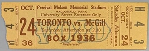 Boleto de fútbol americano Toronto vs. McGill 1936 en el estadio Percival Molson Memorial - Imagen 1 de 2