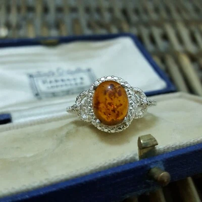 925 Sterling Silver Ring, Natural Baltic Amber Ring, Size Q.5 US 8.25, Retro  - Image 1 of 4