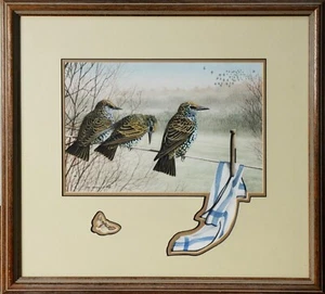 Pintura de pájaro Gouache ornitología original firmada 3 estorninos Chris Shields - Imagen 1 de 14