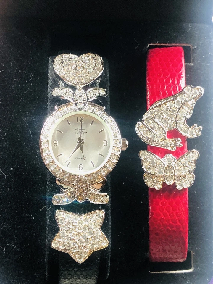 Reloj SUZANNE SOMERS Transparente Estrella Rana Negro Rojo Correa Cuero con Caja Necesita Batería Foto 1 de 1