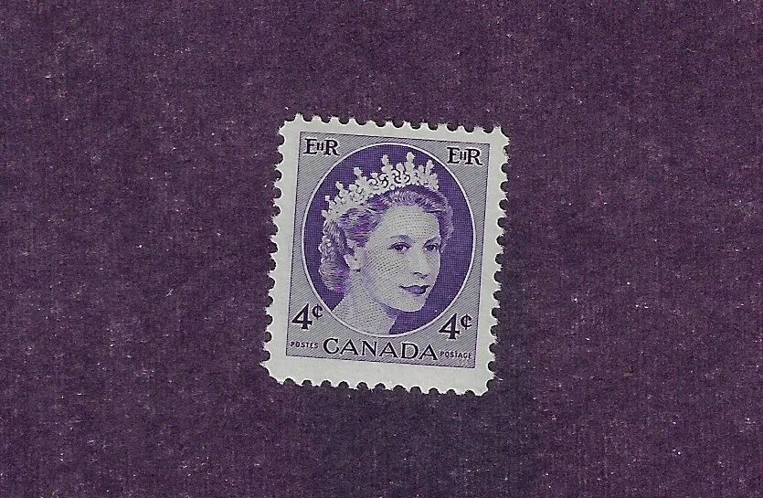 Canada Stamp #340ii - Queen Elizabeth II (1954) 4¢ F, Ribbed vertically - Image 1 of 1