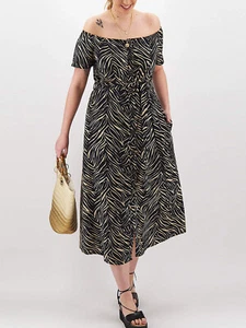 Capsule Black Tiger Print Cotton/Linen Bardot Dress 12 16 18 20 22 24 NO BELT - Picture 1 of 4