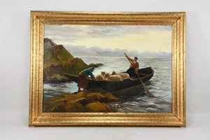 P94V17- Sigrid Bech Knudsen 1864-1948) Gemälde Bauern mit Schafen und Boot sign. - Bild 1 von 12