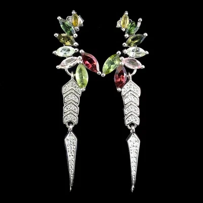 Pendientes de plata de ley 925 marquesa 6x3 mm turmalina piedras preciosas naturales joyería Foto 1 de 4