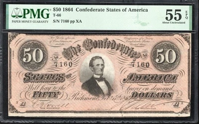 T-66 1864 $50 CONFEDERATE CURRENCY PMG 55 EPQ CIVIL WAR NOTE 7160-9 - Image 1 of 2