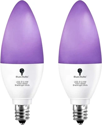 	2 Pack LED Black Light Bulb 6W E12 Candle Blacklight Bulb Level 385 400nm Body	 - Image 1 of 4