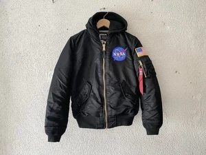 NASA x ALPHA INDUSTRIES blk HOODED BOMBER JACKET S Flight/Military - Picture 1 of 9