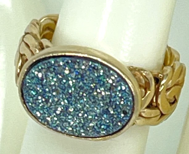 Anel vintage folheado a ouro com mais de 925 banda bizantina larga com azul claro druso tamanho 6 - Imagem 1 de 4