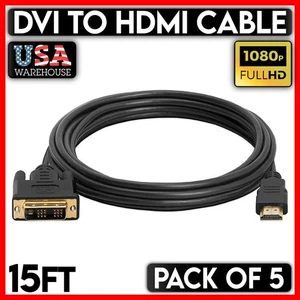 DVI to HDMI Cable 15 FT DVI-D Male Plug to HDMI Male Plug Cord Monitor PC 5PCS - Picture 1 of 5