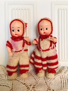 Vintage 1950s Baby Boy & Girl Twins 8” Plastic Dolls Hand Knit Red/White Outfits - Picture 1 of 10