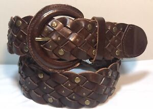 Womens Old Navy Brown 2" Wide Leather Woven Belt Rivets Sz M 43”overall