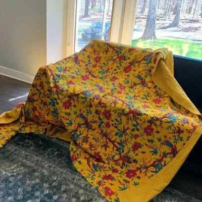 Queen Cotton Kantha Quilt Bird Print Indian Handmade Blanket Bedspread Throw - Image 1 of 4