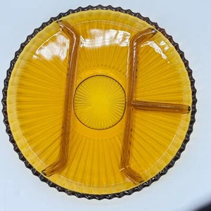 Old Indiana Colony Glass Amber Ribbed 4 Section Divided 10" Serving Plate Tray - Picture 1 of 5