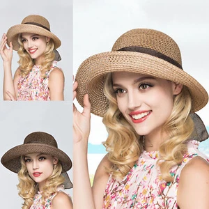 Summer Wide Brim Sun Hat Sunscreen Cap Bow Foldable Solid Color Straw Hat - Picture 1 of 12