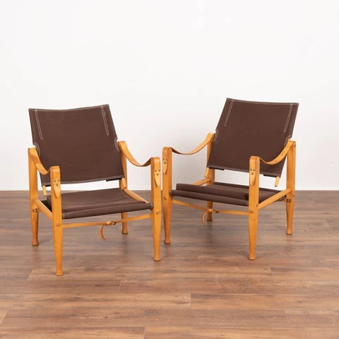 Pair, Mid Century Kaare Klint Safari Chairs in Brown Canvas and Ash Frame Cover