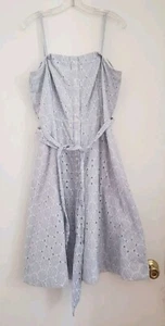 BANANA REPUBLIC Dress Sz 14 Embroidered Blue White Striped Button Front Cotton - Picture 1 of 11