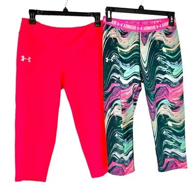 Under Armour 2 Pair of Capri Pants Youth XL Solid Neon Orange and Green Swirl - Image 1 of 4