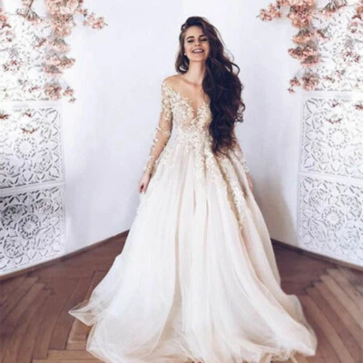 Wedding Dresses Princess Long Sleeves Lace Appliques A-Line V Neck Bridal Gowns - Image 1 of 4