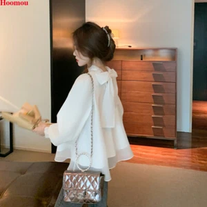 Korean Women Bow Tie Puff Sleeve Chiffon Party Formal Workwear Blouse Tops Shirt - Picture 1 of 15