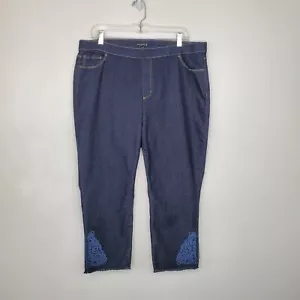 Susan Graver Pull-On Dark Wash Embroidered Frayed Hem Crop/Ankle Jeans Size 18WP - Picture 1 of 11