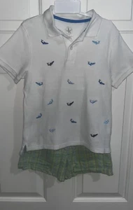 J Khaki Embroidered Polo Shirt With Sharks Plaid Shorts Size 7 - Picture 1 of 5